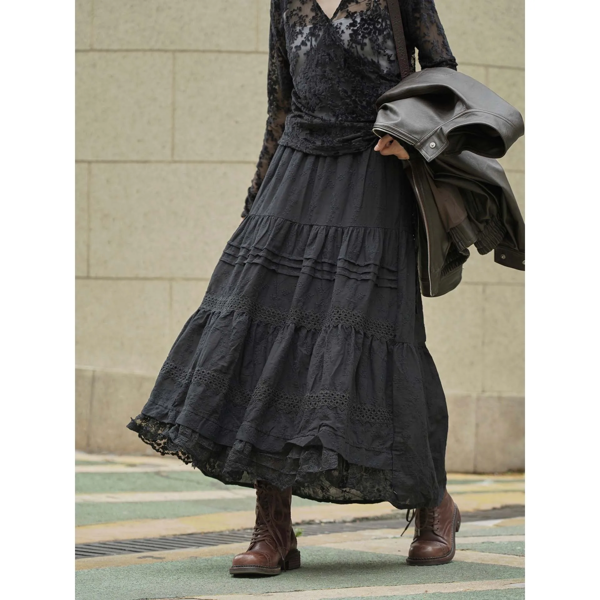 

Юбка с французской кружевной отделкой и цветочным принтом, осень-зима 2022, трапециевидной формы, миди, с рюшами, подол, шифоновая макси-комбинация, струящаяся элегантная женская юбка