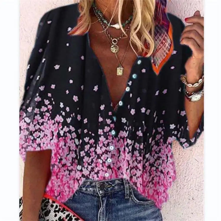 Col montant imprimé pour femmes, irt, manches mi-longues, coupe ample, fibre de Polyester, longueur 00% sept Sve, motif Floral