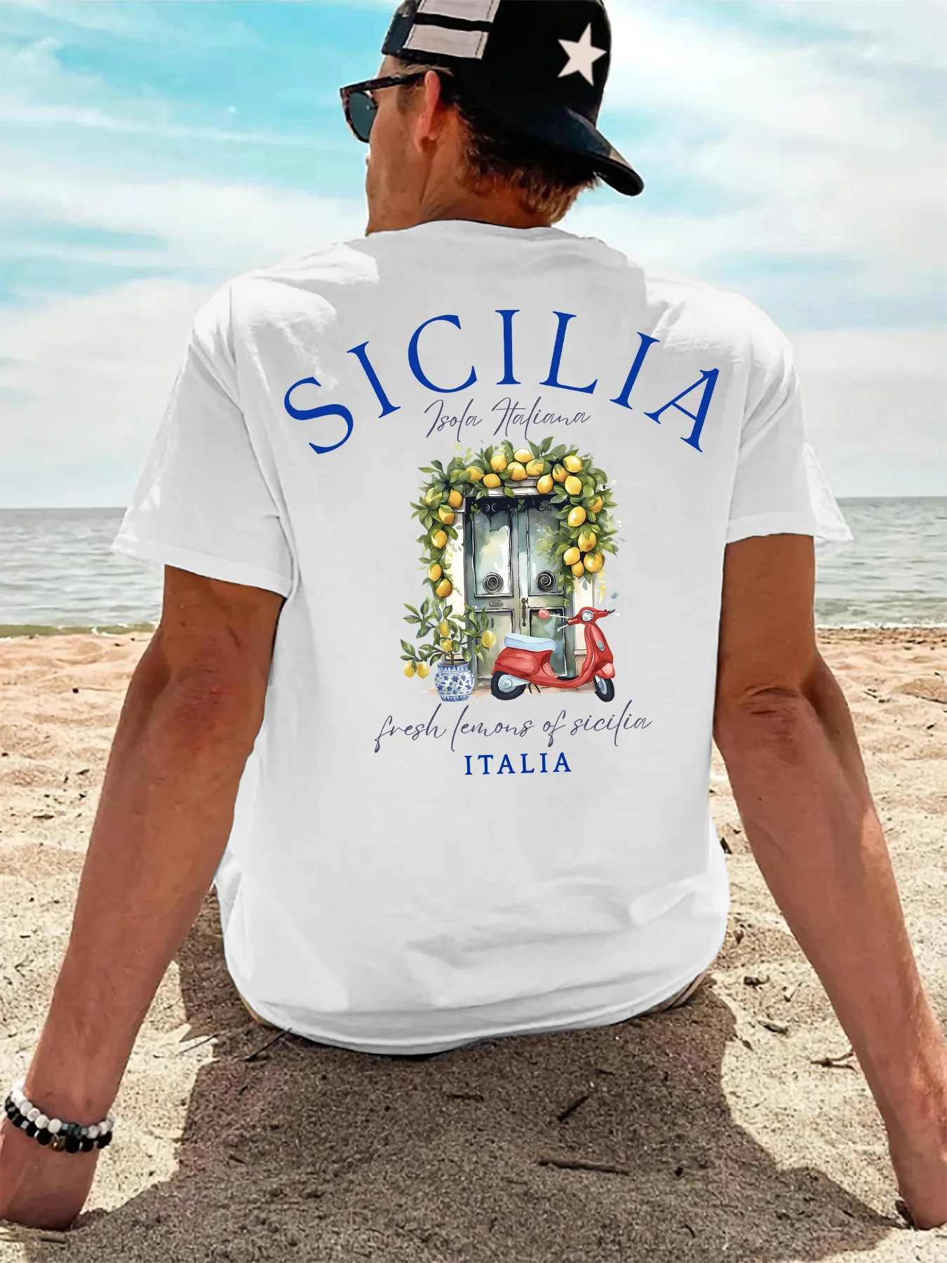 Men's 100% Cotton Summer Round-neck Short-Sleeved T-Shirt - Sicily Italian Lemon Print Comfortable Soft Breathable and Relaxing