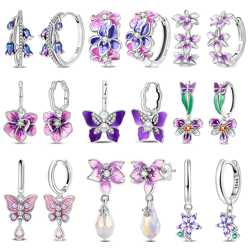 Hot Sales 925 Sterling Silver Purple Hoop Earrings Butterfly Lily Of The Valley For Women Fine Birthday Anniversary Jewelry Gift