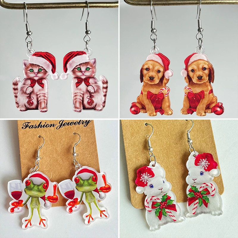 New Christmas Earrings Christmas Hat Snowflake Animal Cute Earrings Cat Rabbit Frog Christmas Decorative Earrings