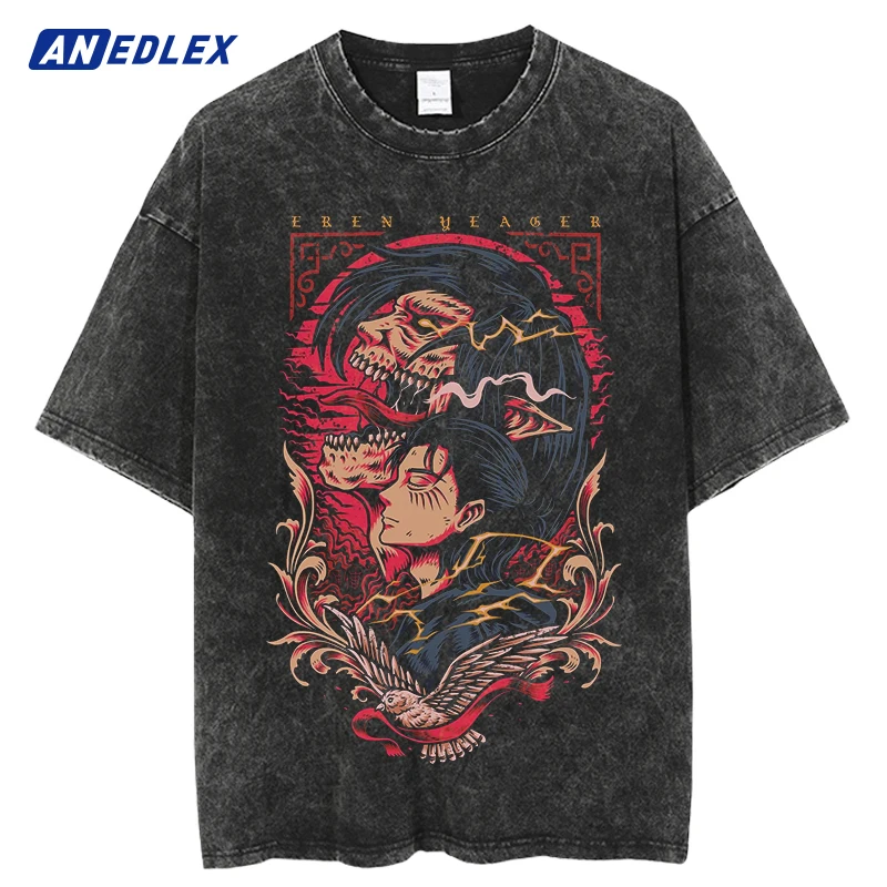 

2023 Hip Hop Oversized Streetwear Vintage T-shirts Japanese Anime Printed Washed Short Sleeve T Shirt Summer Cotton Male Tops