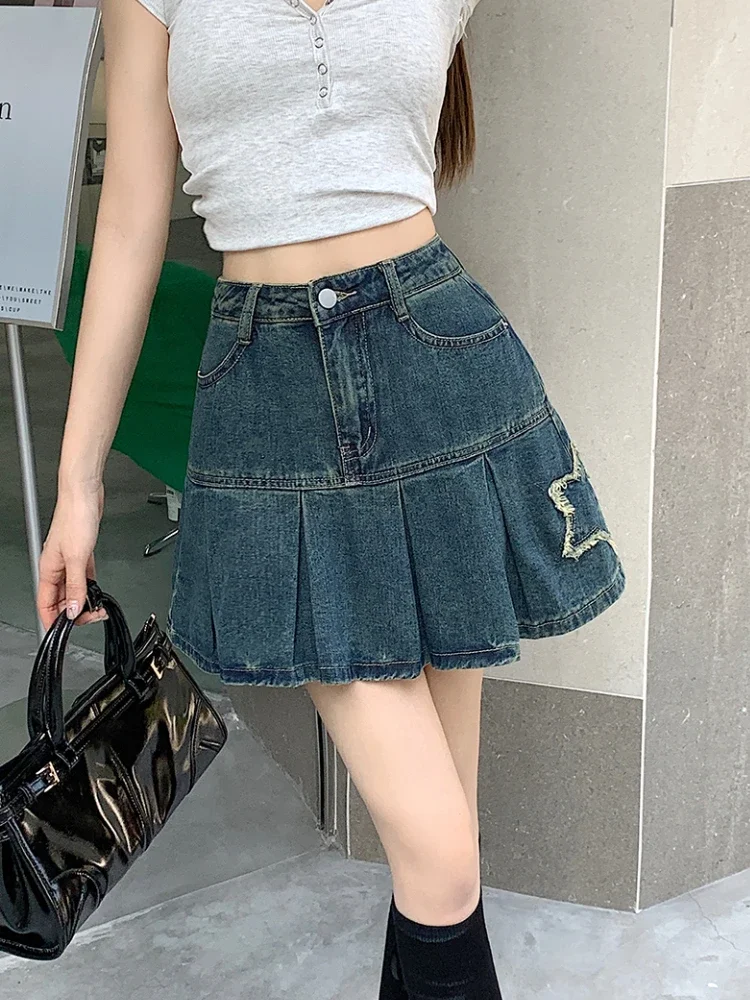 Pleated Denim Mini Skirt Female Korean Fashion High Waist Slim A-line Skirts Vintage All Match Star Short Skirts Women's Clothes