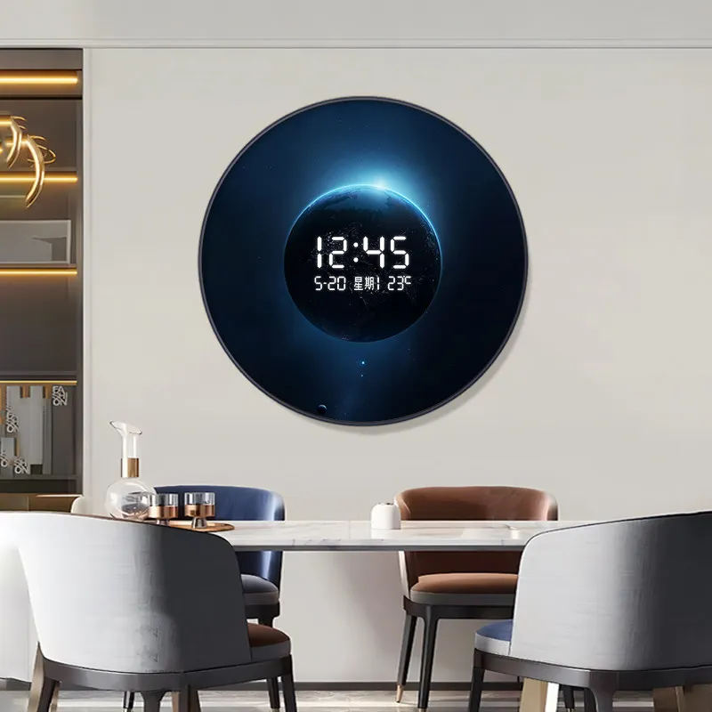 Creative Round Electronic Clock Decorative Painting for Living Room, Entrance Hall, Bedroom Headboard, and Space Moon Wall Lamp