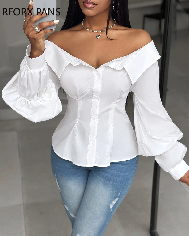 Women Chic Solid Off Shoulder Button Long Sleeves Casual Blouses Tops