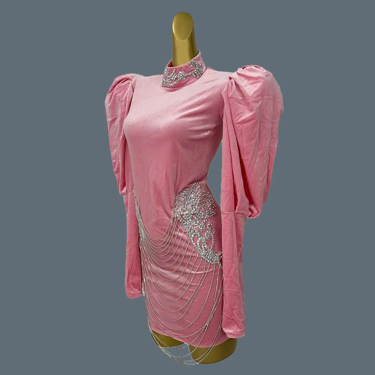 

Elegant Pink Velvet Crystal Fringes Prom Dress Performance Dance Costume Evening Gown Women Mini Prom Club Slim Fit Dress Yuehei