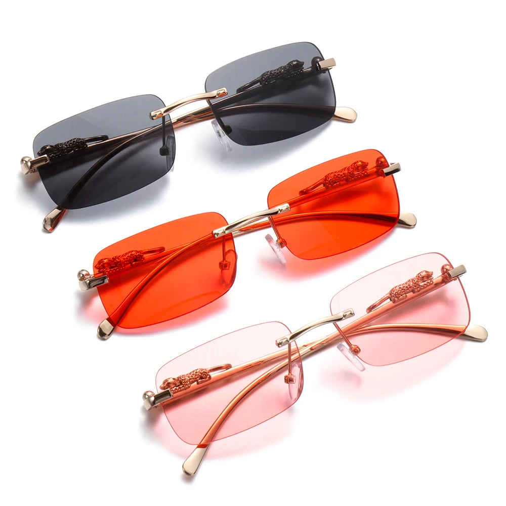 Fashion Rimless Rectangle Sunglasses for Women Men Retro Cheetah Decoration Clear Ocean Lens Sun Glasses Shades UV400 Eyewear