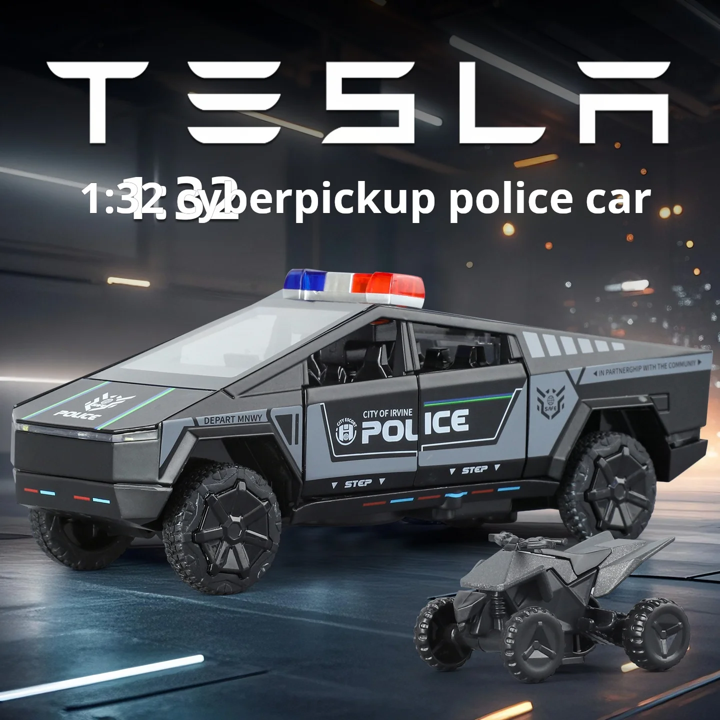 

1:32 пикап Tesla, полицейский автомобиль, модель из сплава, звуковые и световые эффекты, пожарная дрель для родителей и детей, игрушки, подарки и украшения
