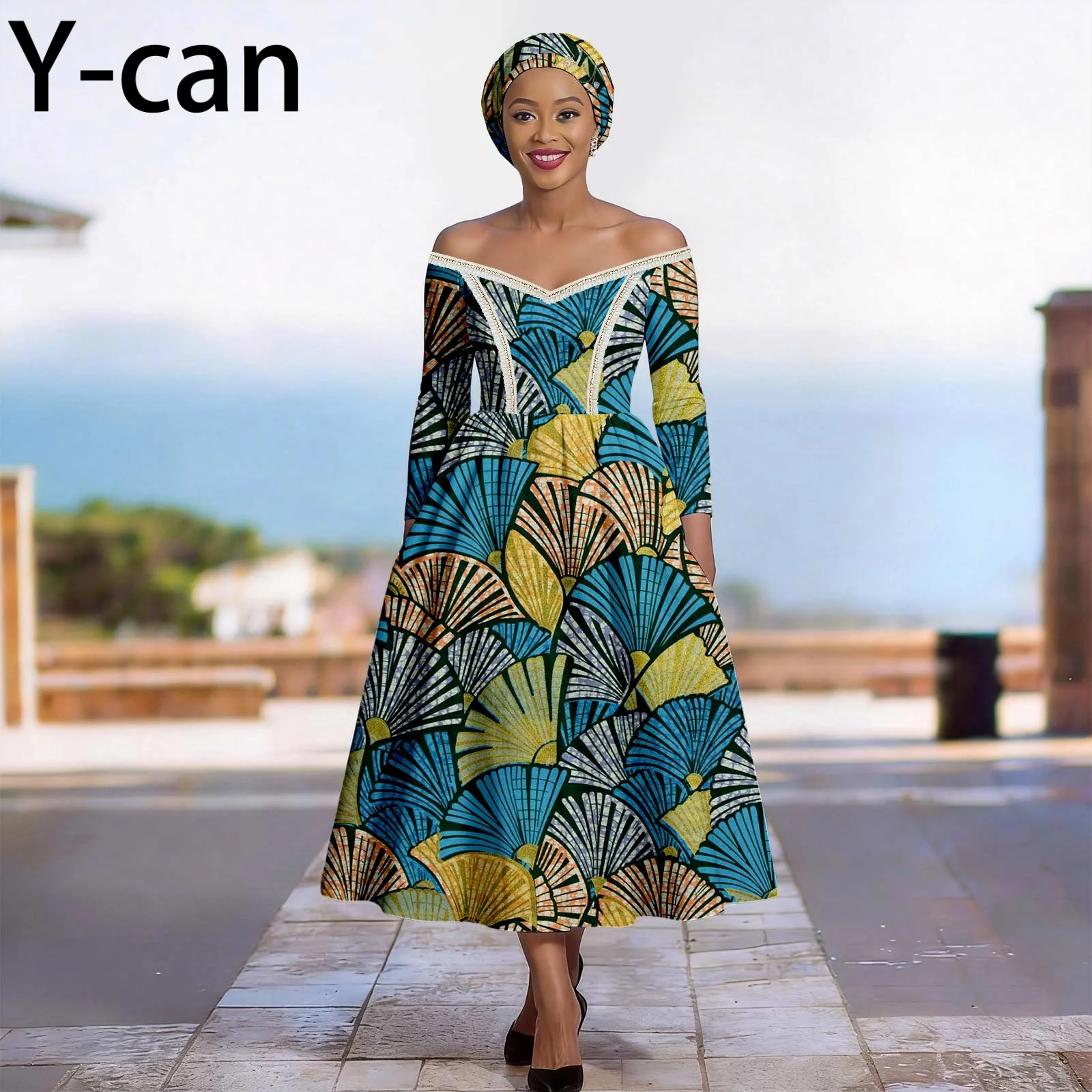 

African Fashion Dress for Women Dashiki Print Lace Gown with Headscarf Brooch for Wedding Party Elegant Lady Dress