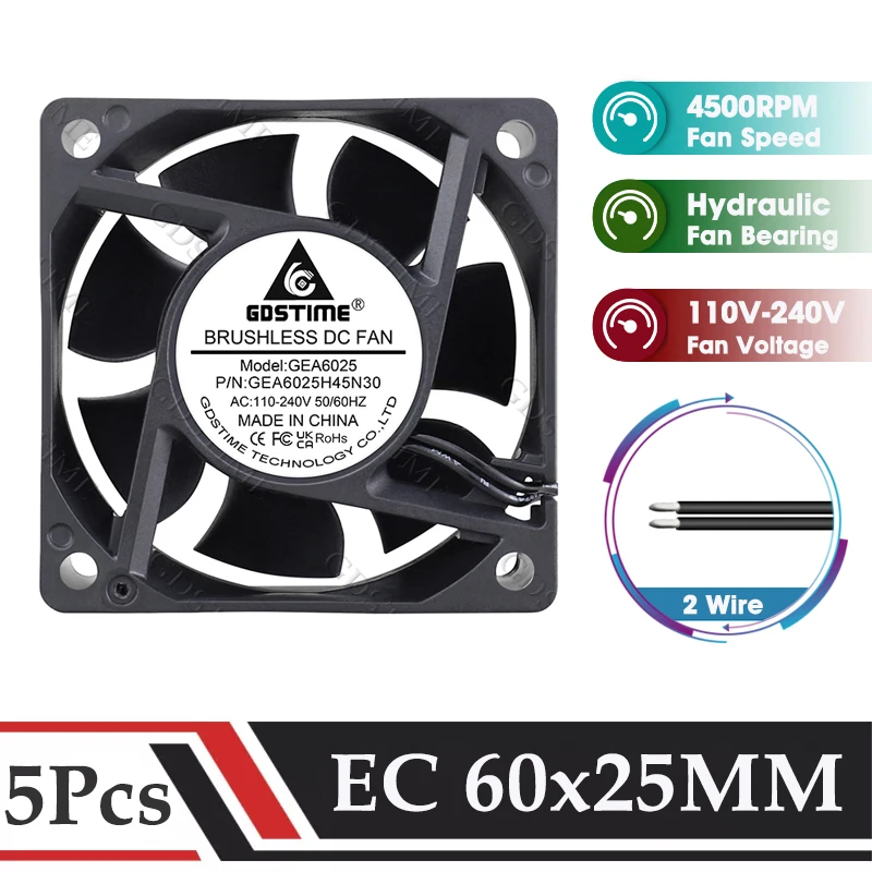 5Pcs Gdstime 60MM Fan 110V 240V 60MM*25MM EC Cooling Fan 6025 2 Wire Power Supply Axial Fan 6CM Computer PC Case CPU Cooler