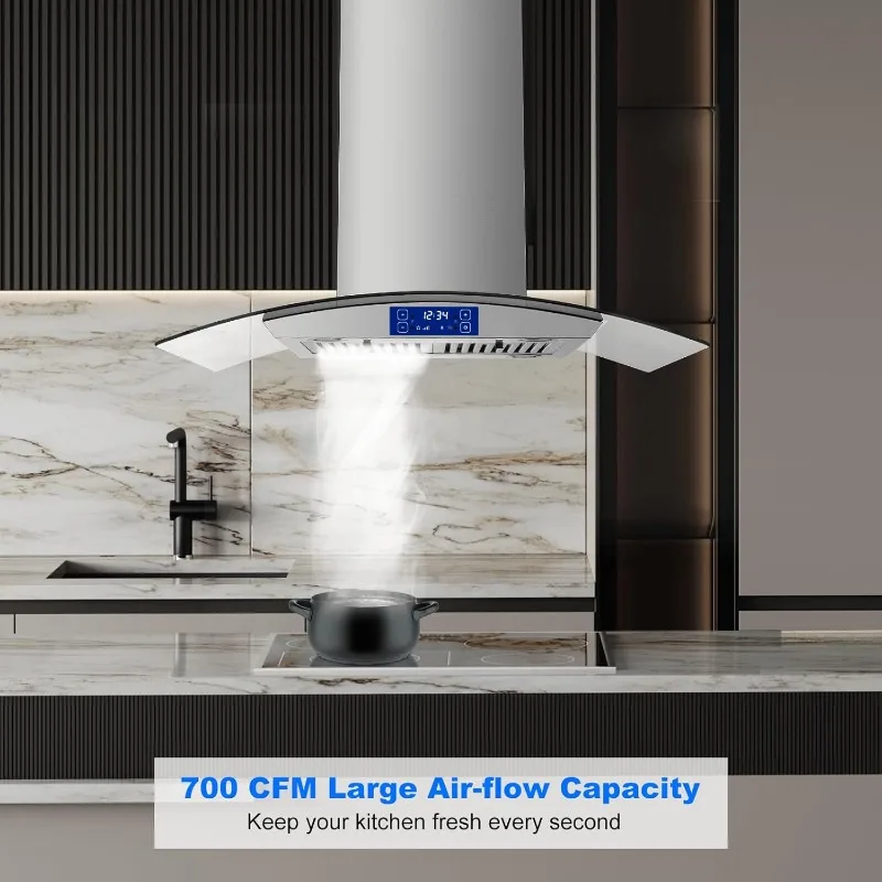 36 Inch Island Range Hood 700CFM Gesture & Touch Control Ceiling Mount Stainless Steel Ducted/Ductless Convertible