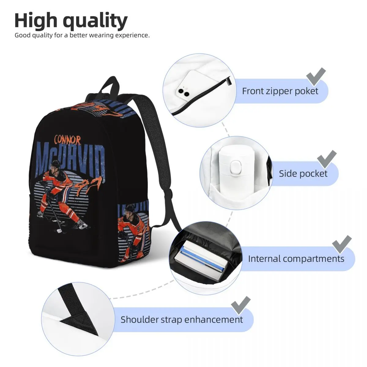 Connor McDavidFor Edmonton Oilers Fans Student Backpack School Bag Hiking Travel Daypack for Boys Girls Bookbag Shoulder Bags