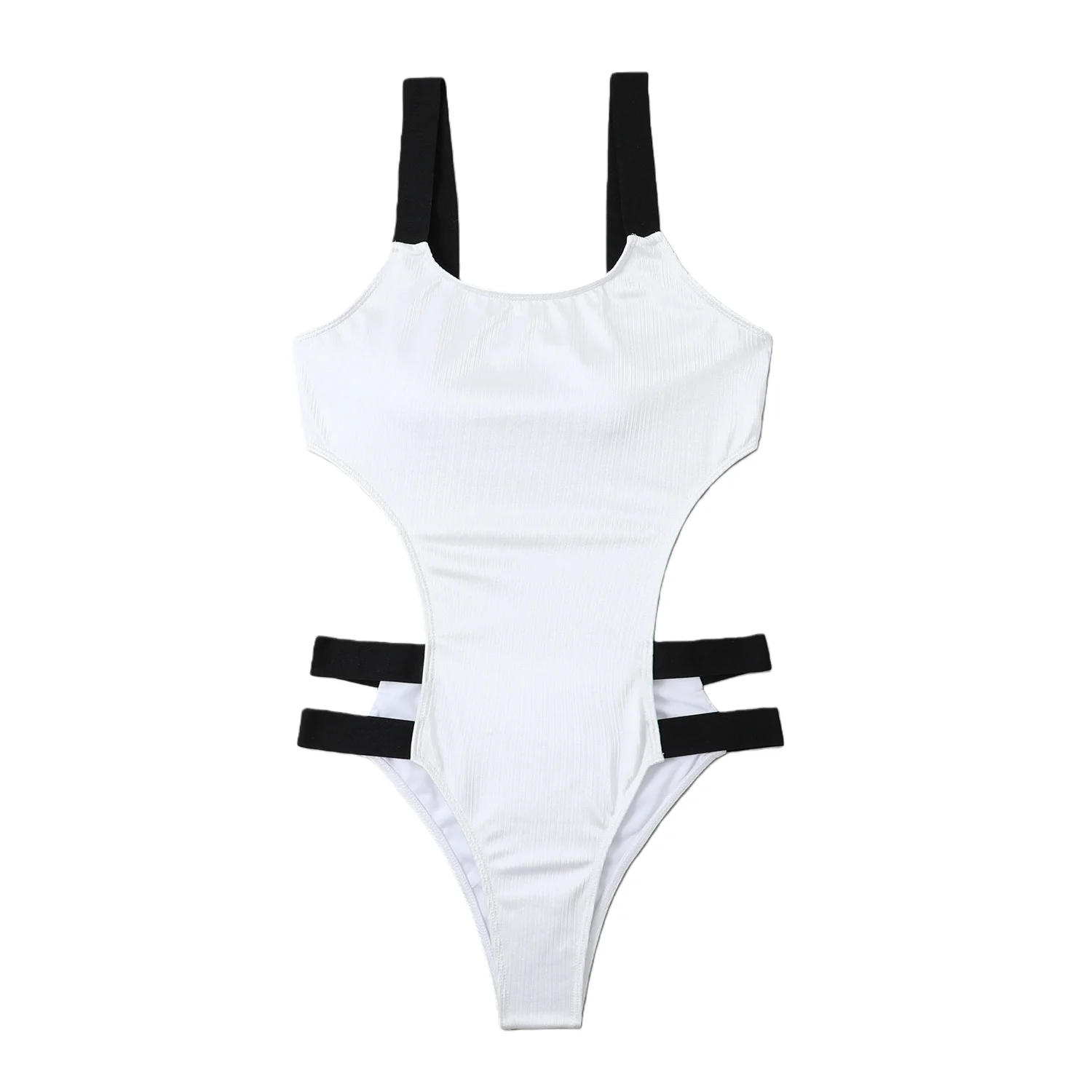 Weißer, gerippter Einteiler-Badeanzug für Damen, sexy, seitlicher Ausschnitt, Riemen, hohe Taille, Bikini, Bauchkontrolle, Monokini, Strand-Badeanzug