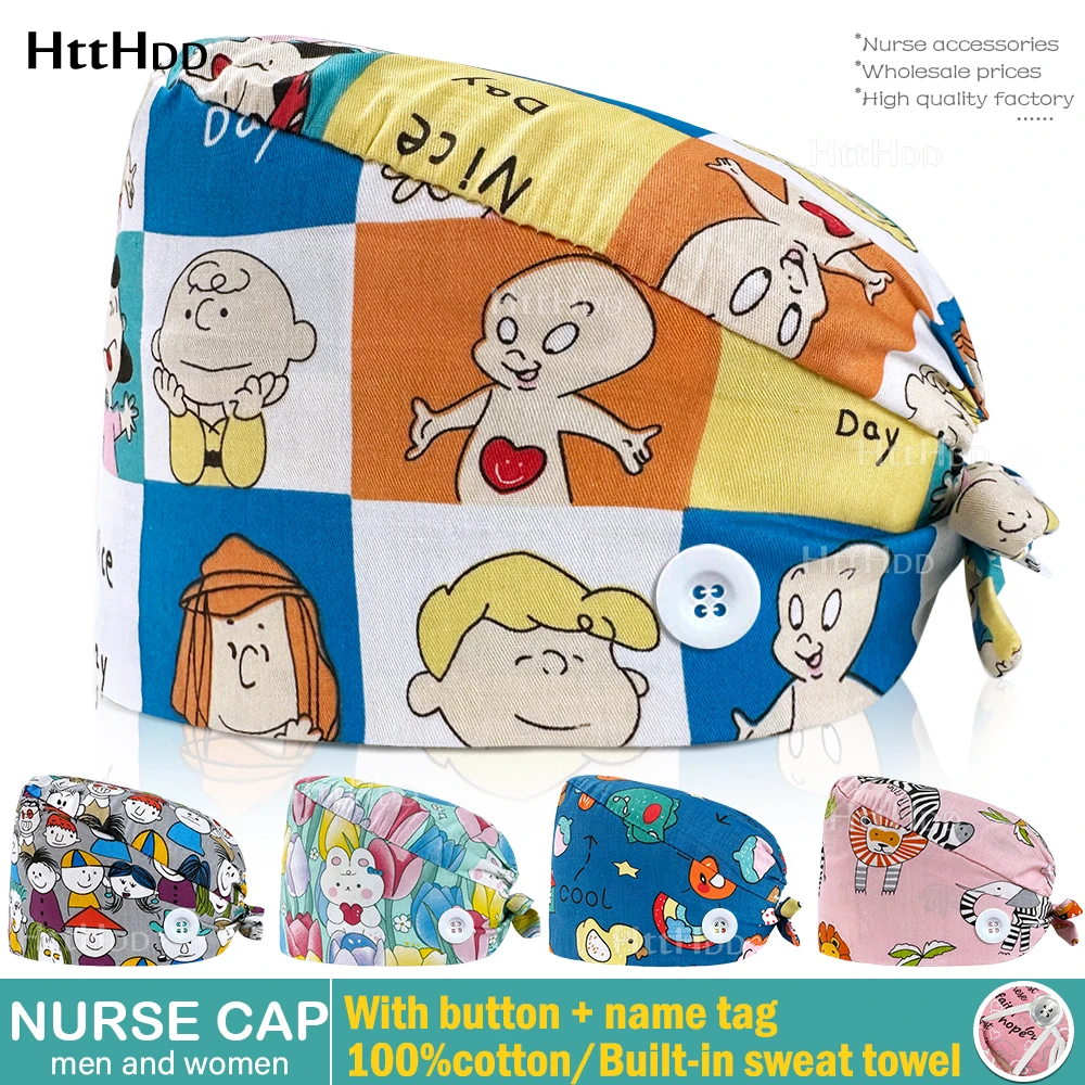 Personalized Printing New Scrubs Cap Hospital Doctors Veterinary Medical Caps Surgical Hat with Buttons Soft Nurse Hat Women Men