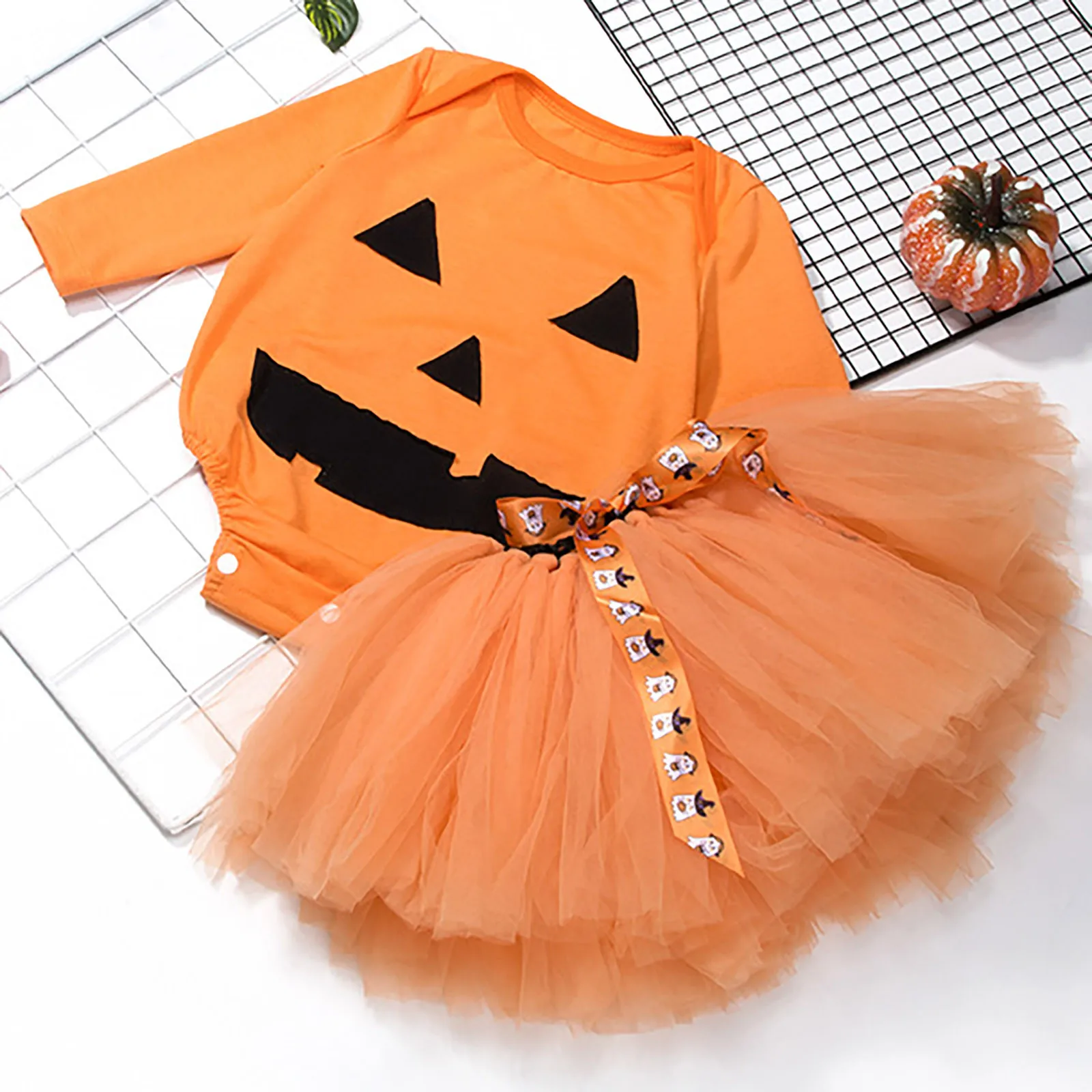 Dresses for Children's Halloween Girl Baby Long Sleeved Pumpkins Print Halley Dress Skirt Set Baby Suspenders And Bow Tie Outfit