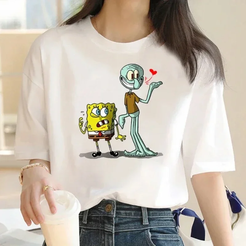 Cute Beach Sunbathing SpongeBob Patrick Star Anime Cotton T-Shirt Short Sleeve Cartoon Fashion Women Girl Kawaii Top Clothing