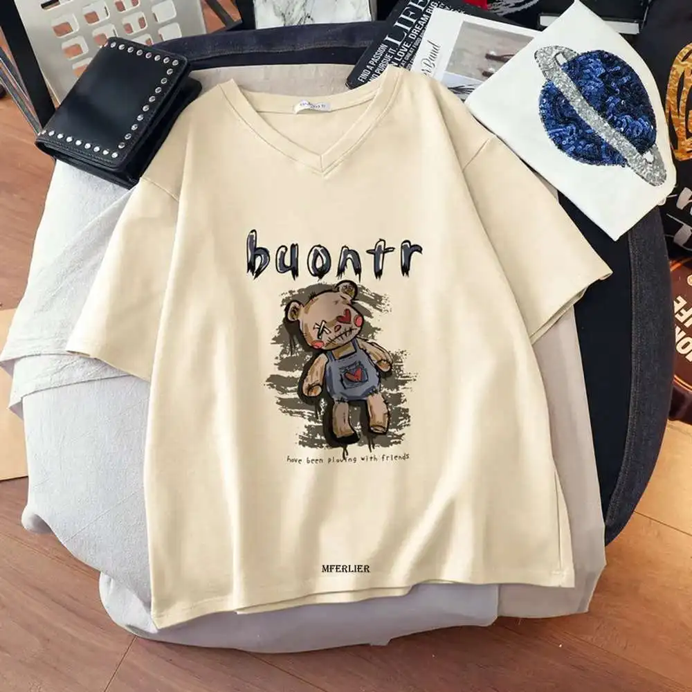 

Large Size 6XL 150kg Summer Women Cotton T Shirt T-shirt Women Cartoon Printed Loose Short Sleeve V Neck Women Tops