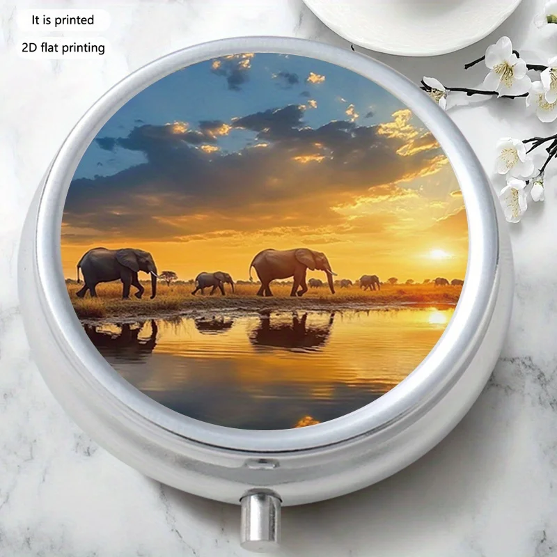 Single-piece, flat, round three-compartment box, elephant-shaped design, metal storage box, subtle gradient color, decorative metal pill box, used for storing medication and vitamins