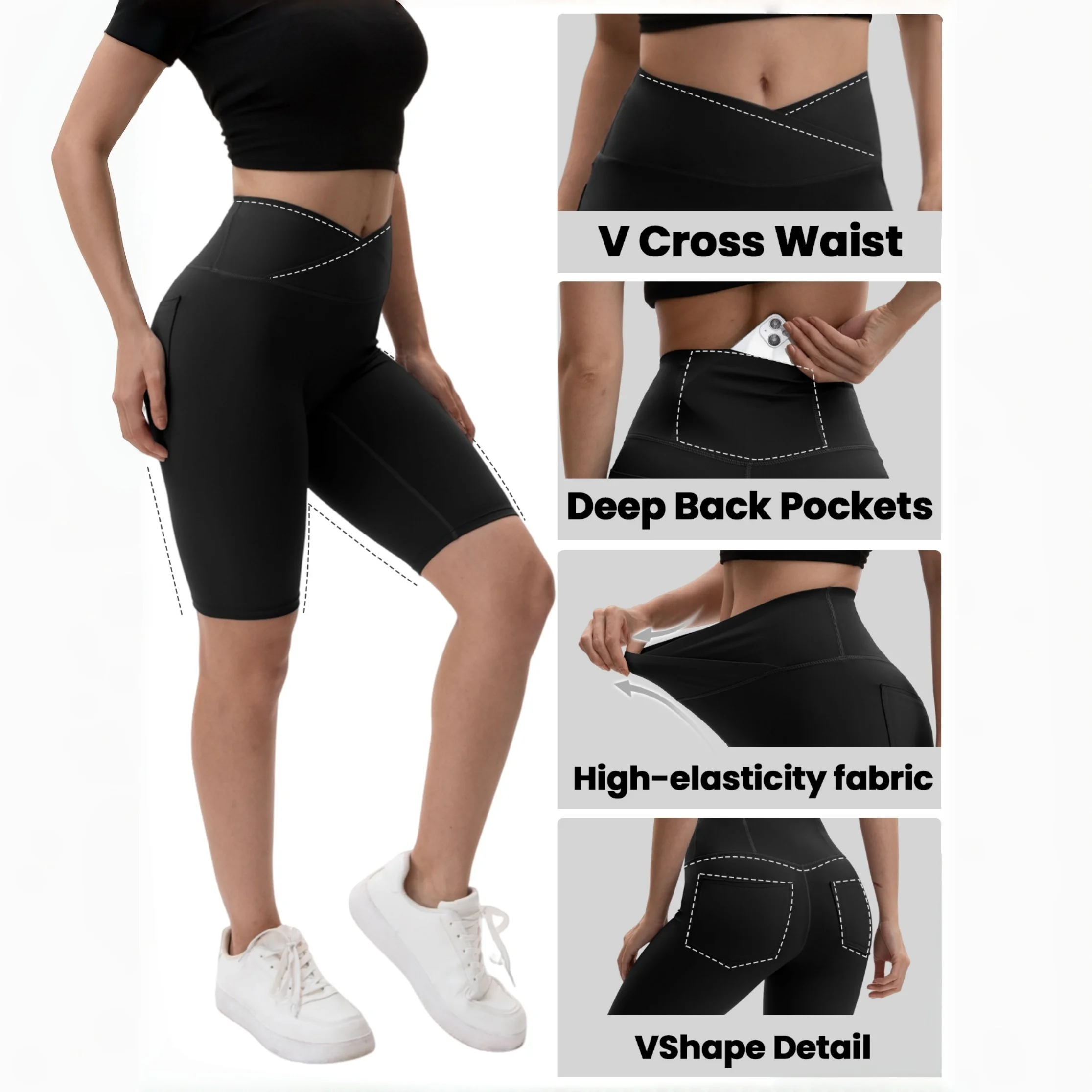 Women Cross V Waist Yoga Biker Shorts With Side Pockets High Waist Tummy Control Butt Lifting Workout Sports Cycling Shorts