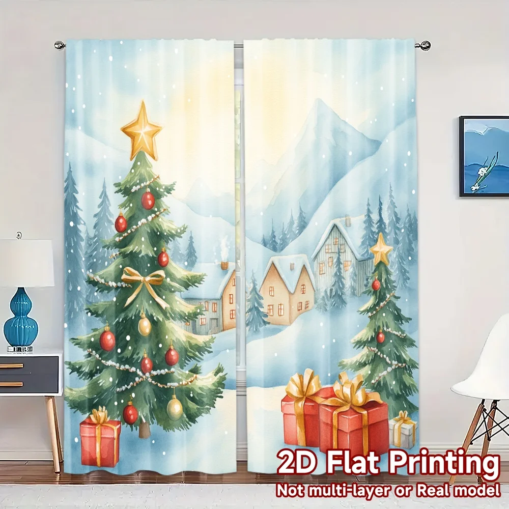 2pcs,Curtains Christmas Tree Village Snow Scene (2) Creative Modern Curtains Yarn Curtains Versatile All Perfect for Bedroom,