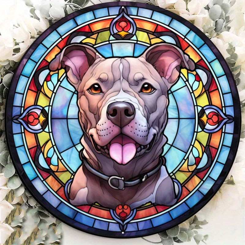 

8x8inch Aluminum Metal Sign Laughing PitBull Stained Glass Look Wreath Sign, Home Decor elf bar garage wall decor vintage