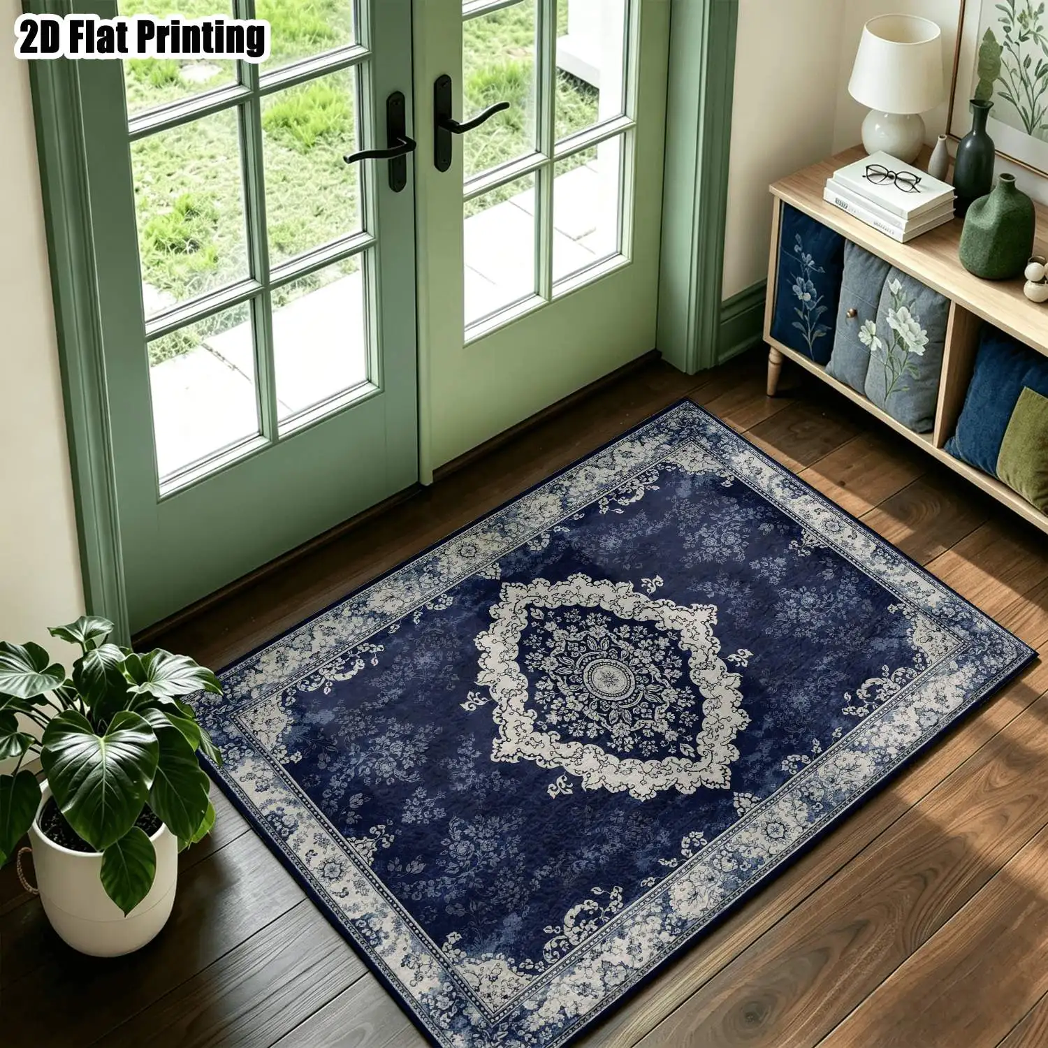 1Pc 2D Printed Dark Blue Floral Pattern Carpet: European Vintage, Bohemian & Geometric Style, Home Decor, Multi-Size, Machine Washable, Multi-Scene Use