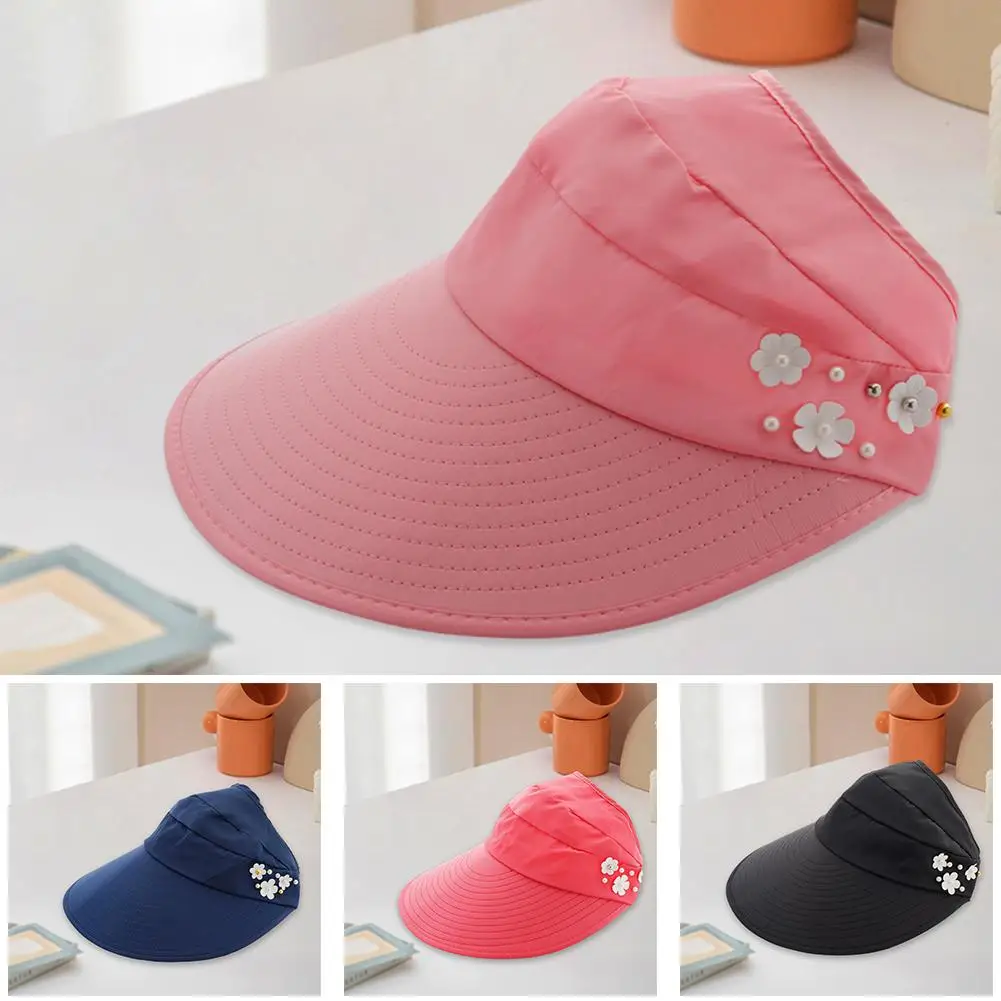 Summer Hats For Women Sun Hat Pearl Flower Visor Suncreen Floppy Cap Wide Brim Anti-UV Casual Visor Caps