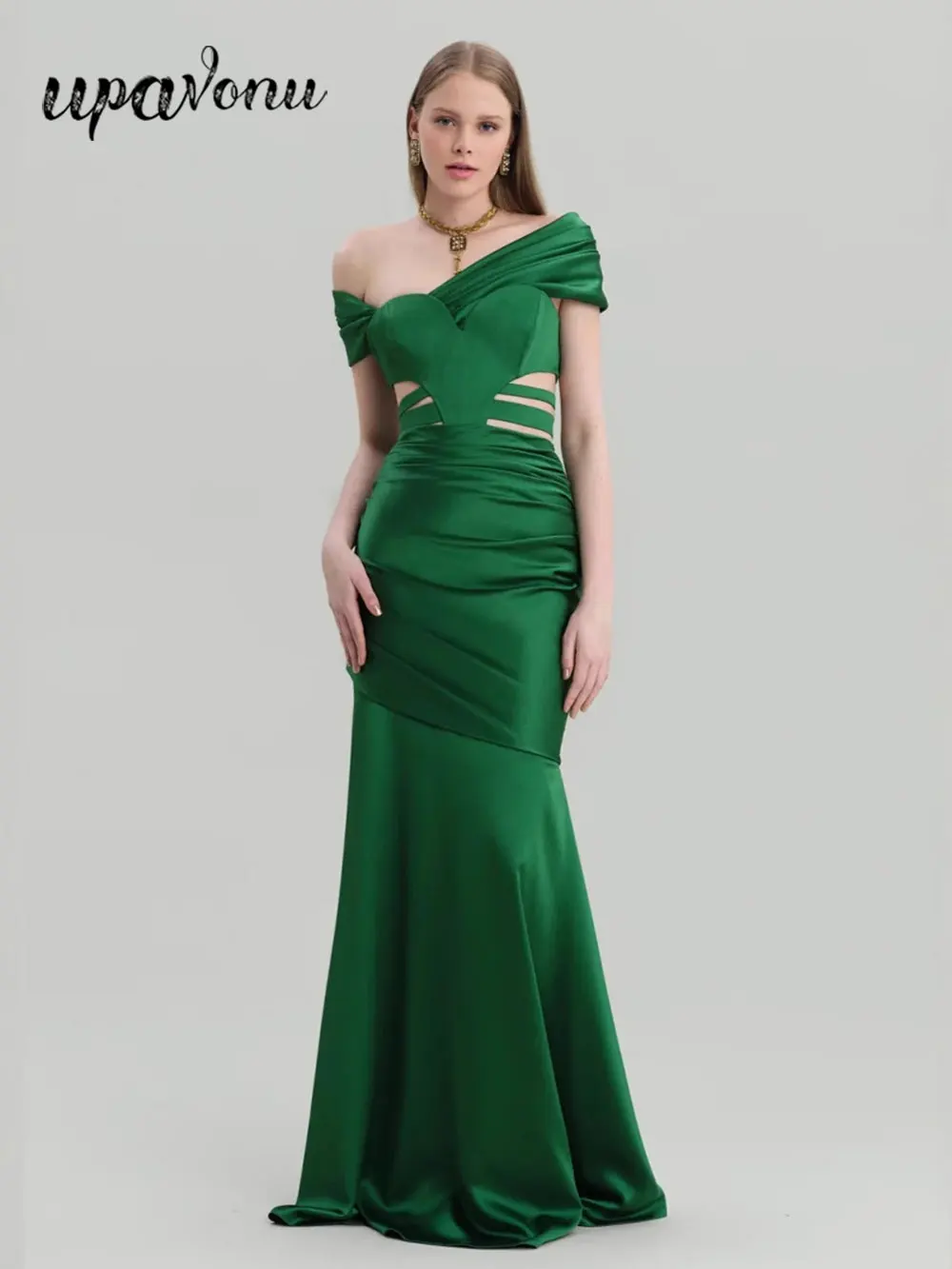 

2024 Women's Light Luxury Sexy Green Bandage Dress with Slanted Collar and Hollow Design Bodycon Tail Long Dress Party Vestidos