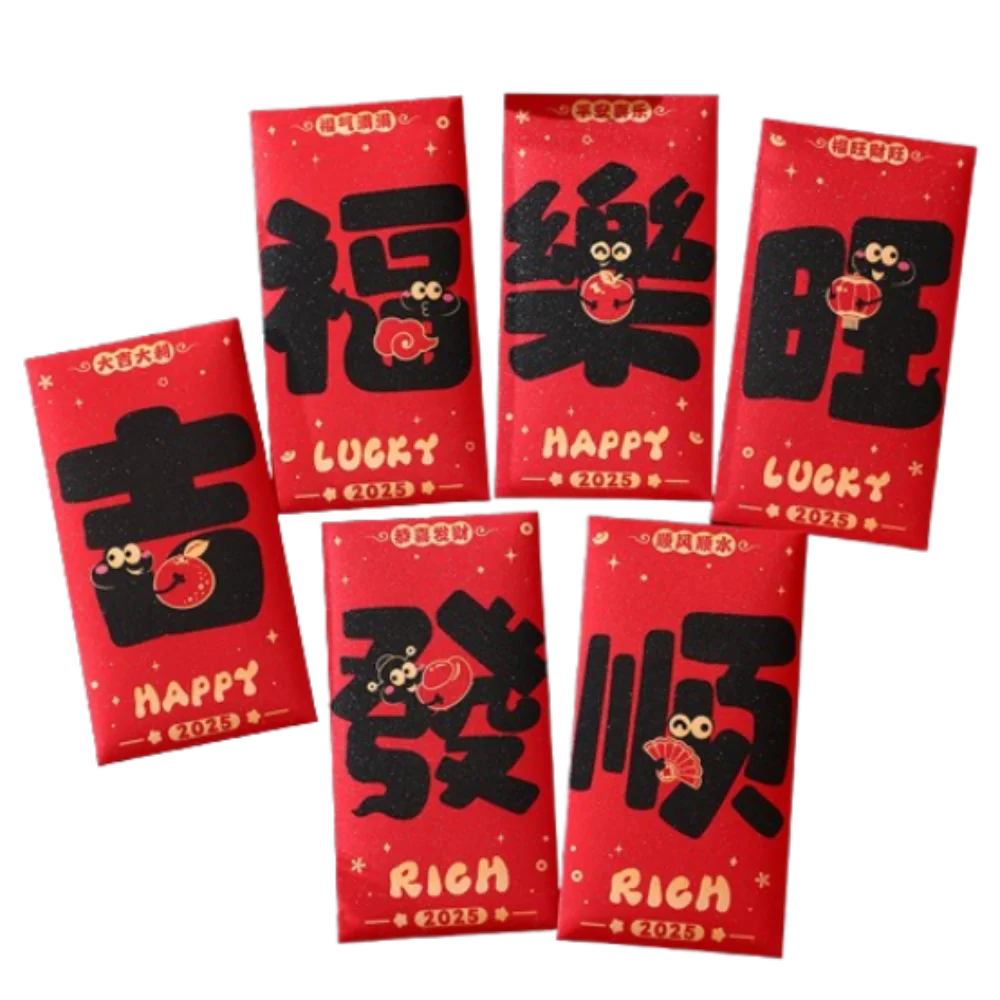 

6pcs Cartoon Chinese Snake Year Red Envelopes Blessing Paper 2025 New Year Red Envelopes Hongbao Traditional Lucky Money Pockets