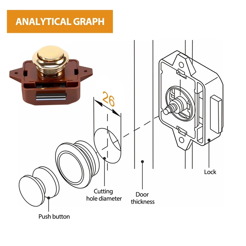 5Pcs Keyless Push Button Catch Door Knob Lock For RV Caravan Cabinet Boat Motor Home Cupboard, Brown Gold