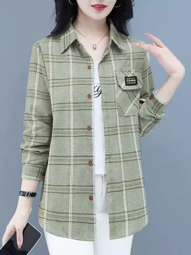 long-sve-cotton-plaid-irt-women's-autumn-faion-slimming-mom-sle-top-age-reducing-cardigan-ear-cover-accories