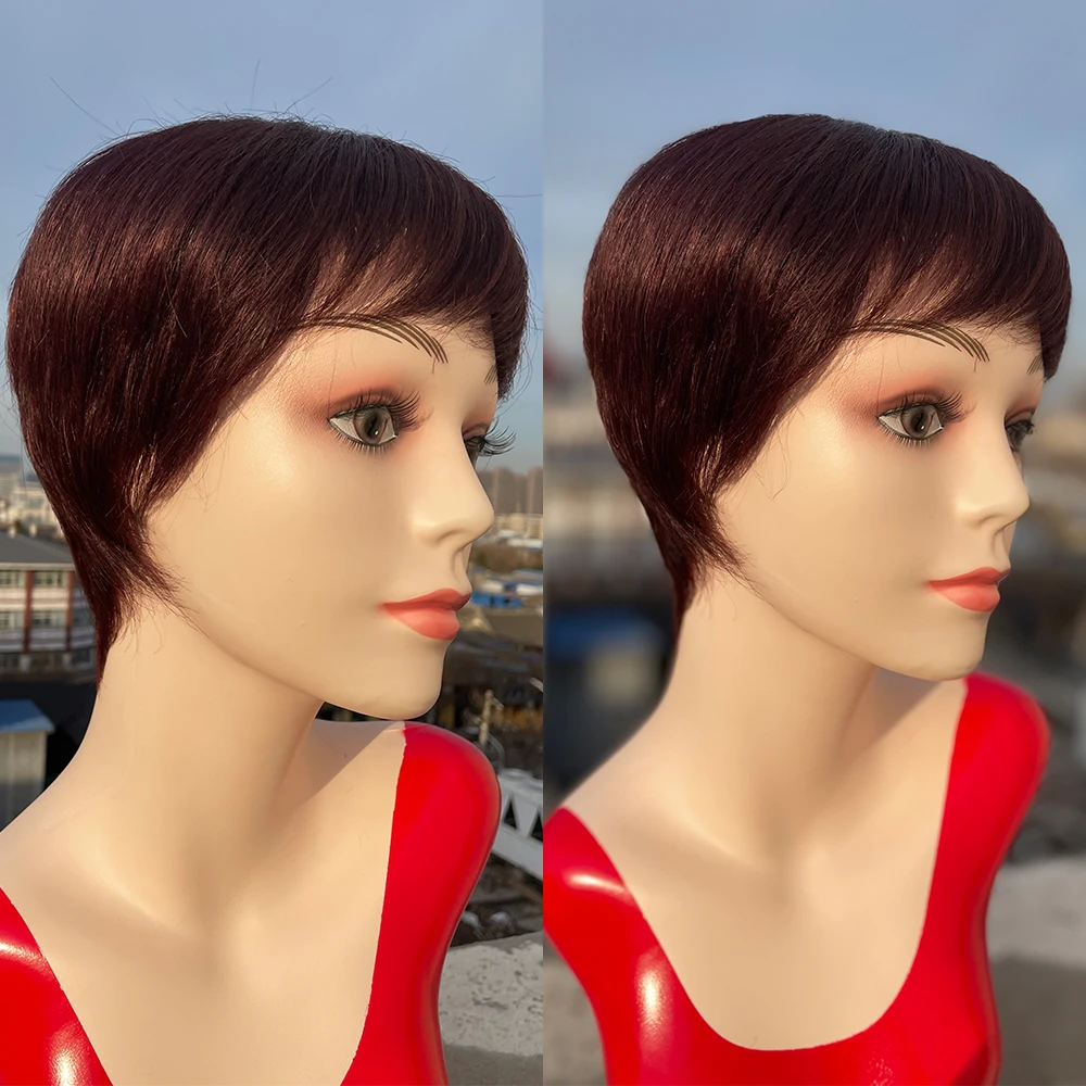 New Short Bob Wig With Bangs Pixie Cut Brazilian Human Hair Wigs Remy Full Manchine Cheap Red Burgundy Brown Wigs For Women