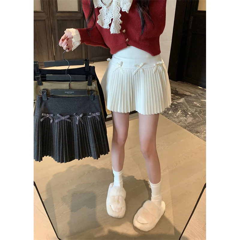 

MEXZT Sweet Pleated Mini Skirts Women Y2K Streetwear High Waist Bow A Line Skirt Preppy Korean Kawaii Fashion All Match Skirts