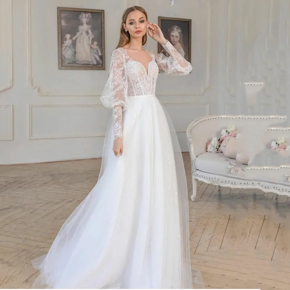 SoDigne Bohemian V-neck Gaun Pernikahan Tulle Lengan Puff Panjang Renda Applique Gaun Pengantin Dibuat Sesuai Pesanan untuk Wanita Robe De Mariage