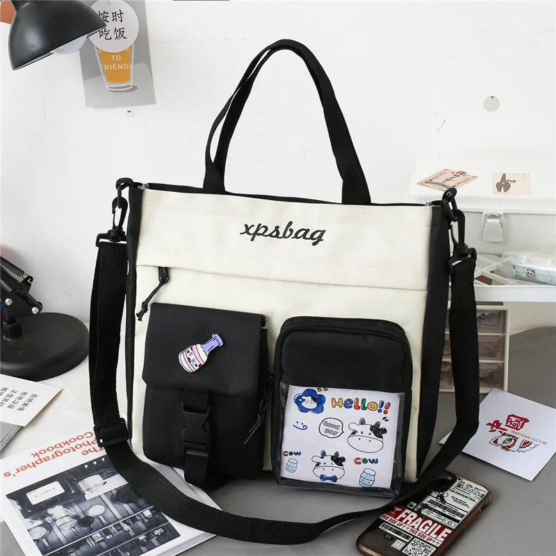 Canvas Woman Handbag Spans Large Capacity Collapsible Student Cute Sticker Tote Bag Zipper Tote Bag Shopping Bag Book Bag Girl