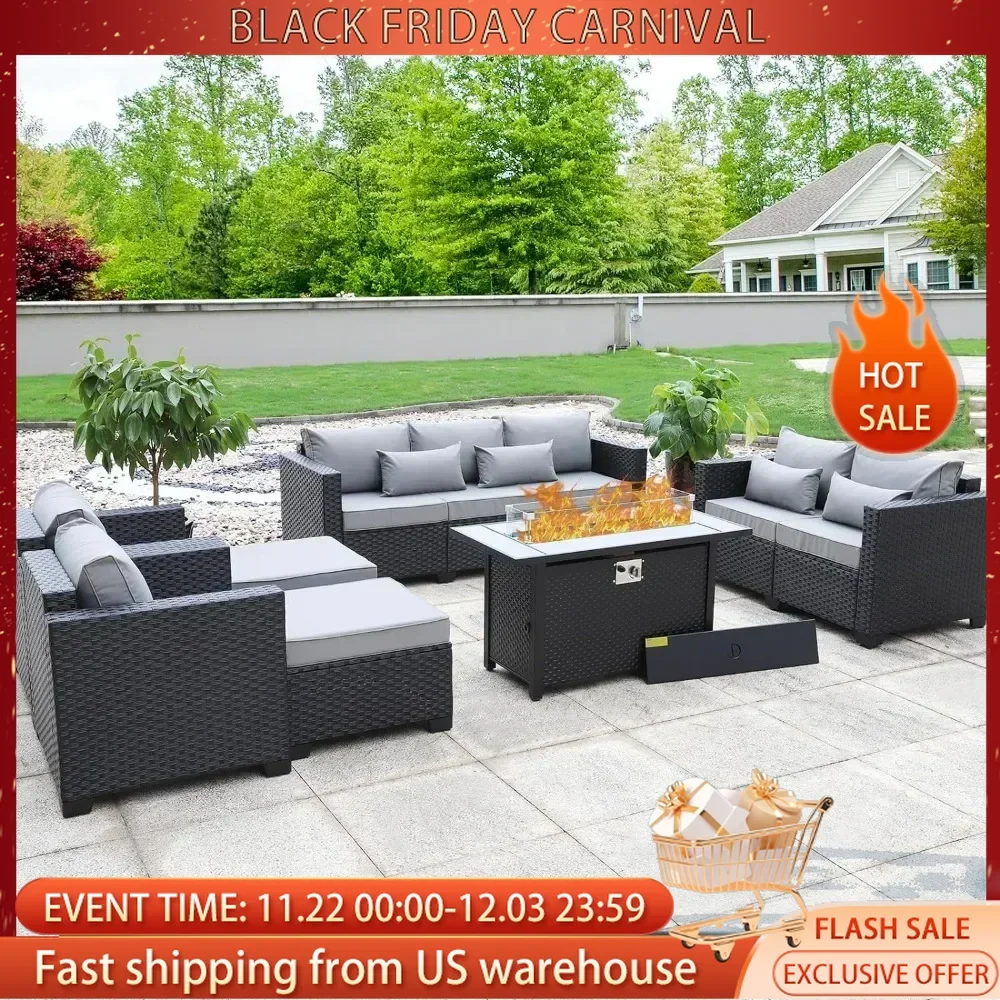 7 Piece Outdoor Furniture Set, Set Non-Slip Cushions & Waterproof Cover, 45 Inch Outdoor Propane Fire Pit Table Patio Furniture