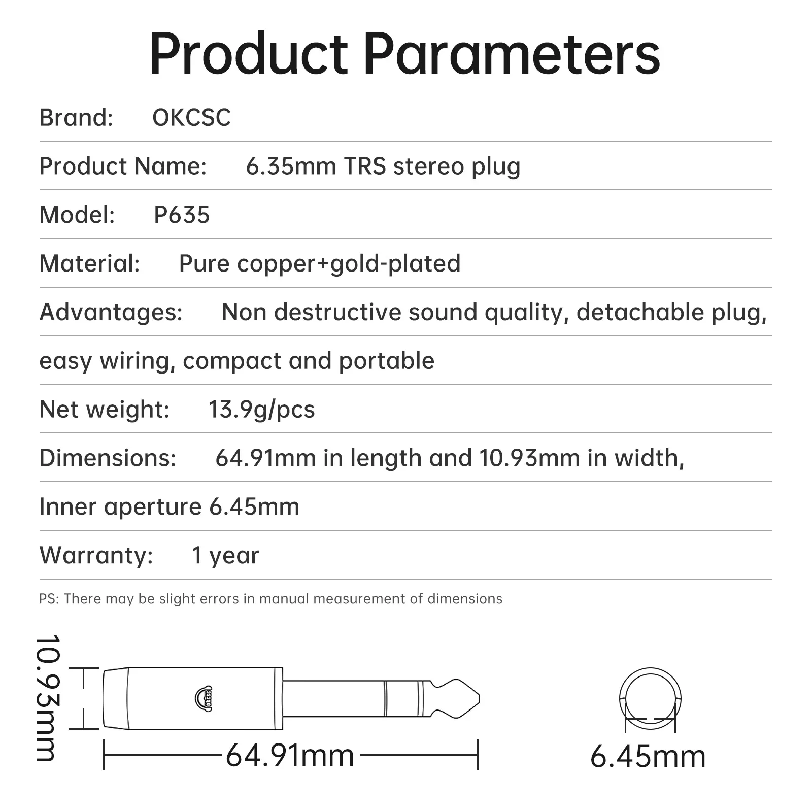 Okscc P635 6,35 мм DIY Съемный металлический штырь HiFi аудио адаптер для звука/усилителя/микшера/наушников/звуковой карты/электрической гитары