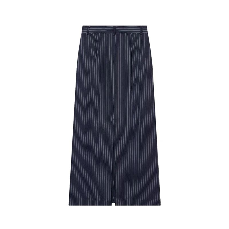 Willshela Women Fashion Striped Front Zipper Back Slit Straight Midi Skirt Vintage High Waist Female Chic Lady Skirts