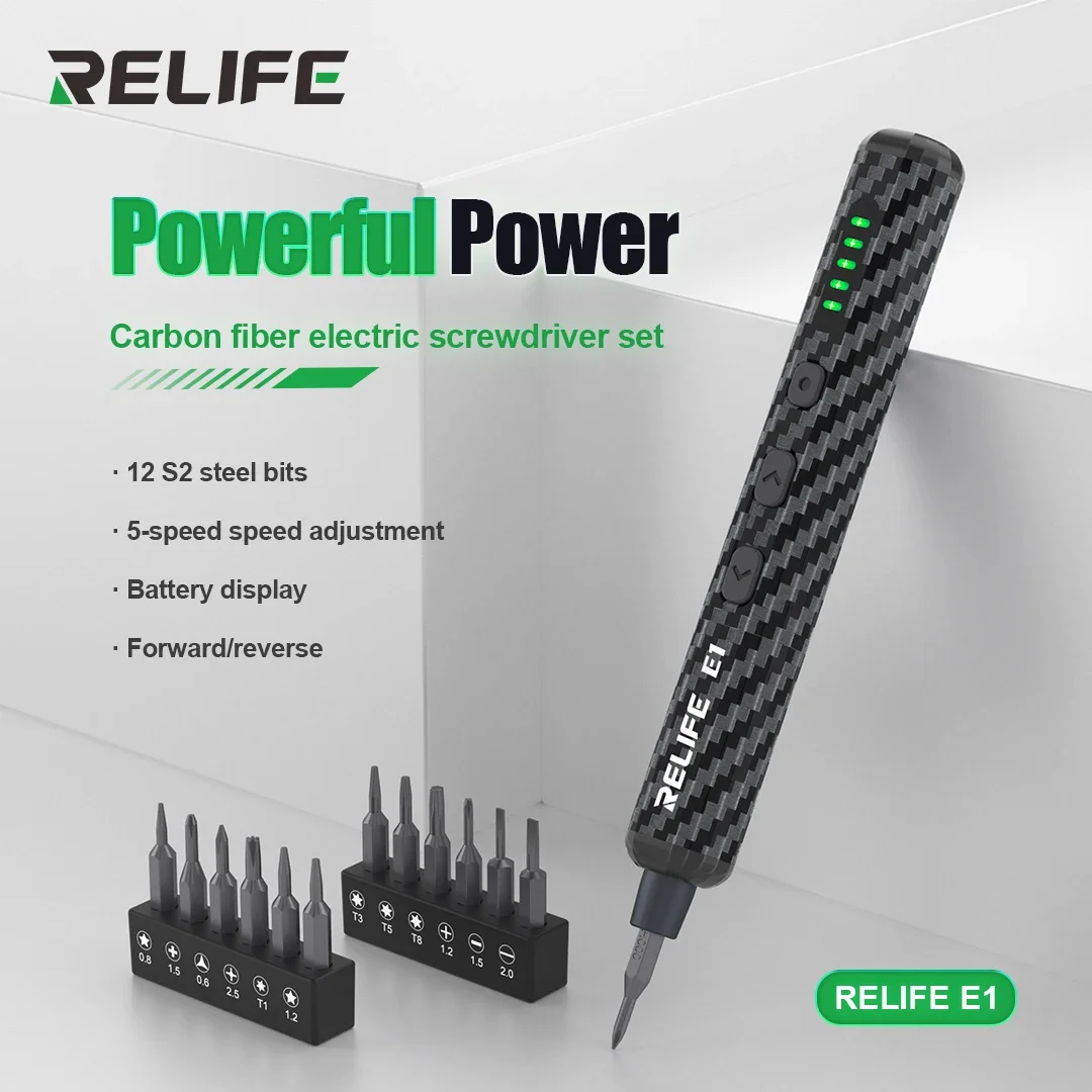 RELIFE E1 Carbon Fiber Electric Torque Screwdriver Set With 12 Bits Suitable For Mobile Phone Screw Disassembly Repair Tools