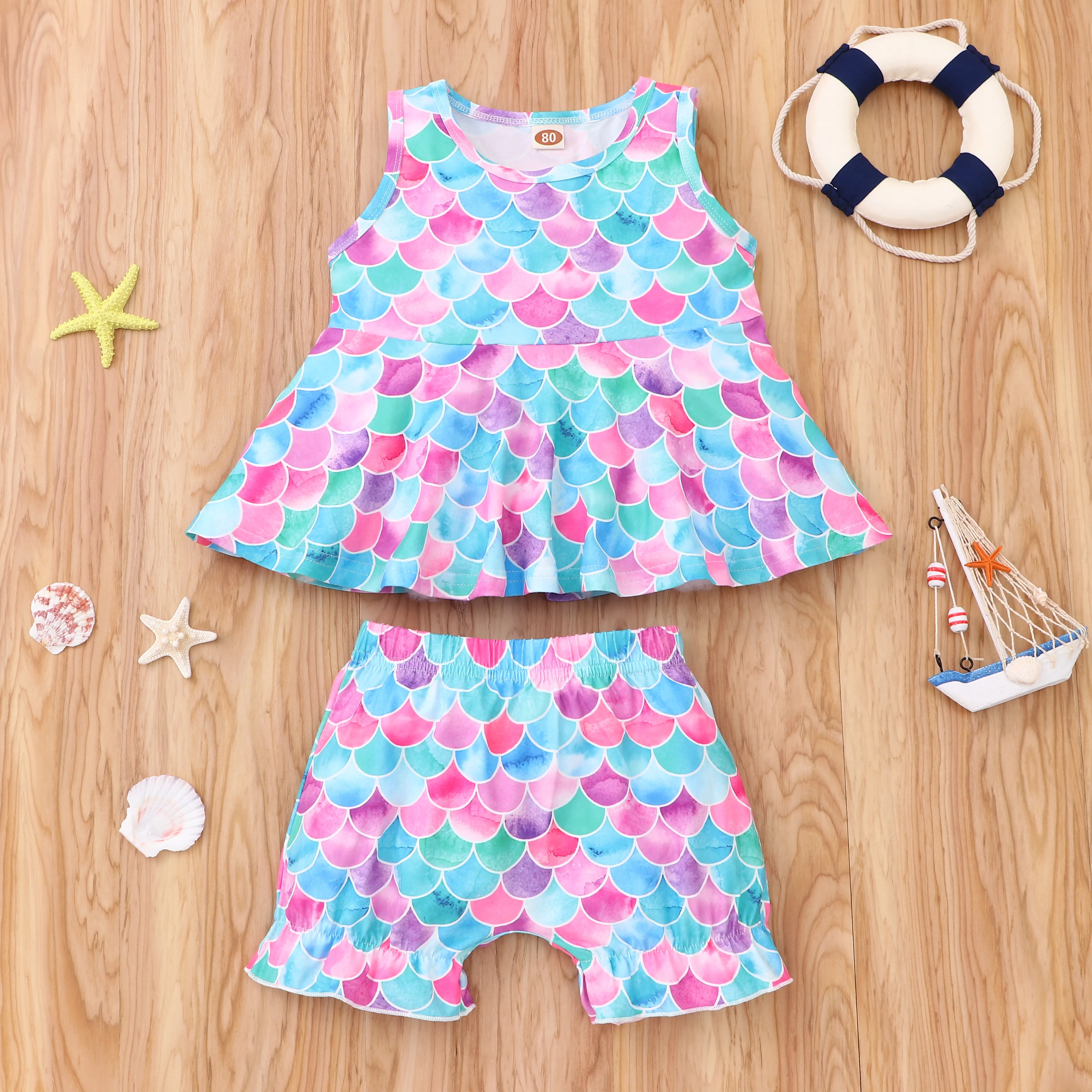 

Girls children summer sleeveless fishscale jacket shorts casual suit