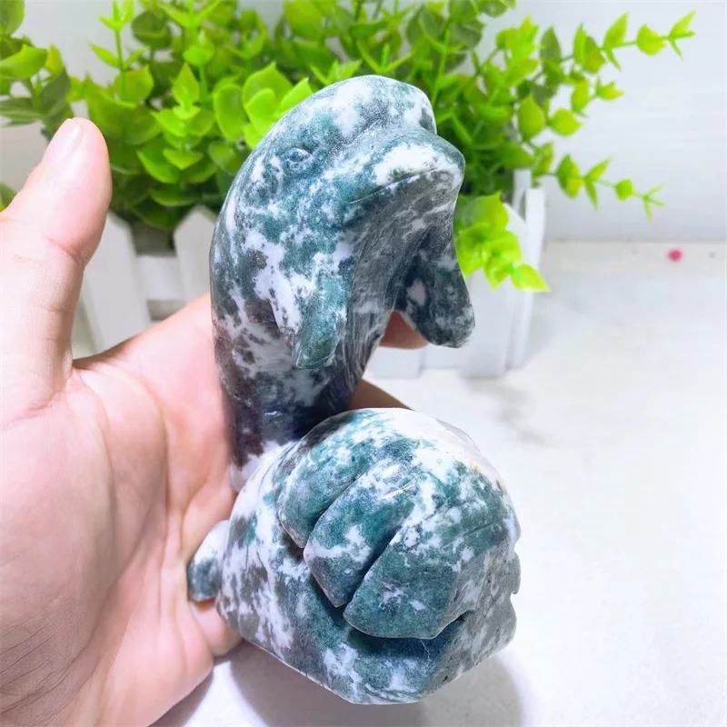 

11cm Natural Moss Agate Crystal Dolphin Carving Quartz Healing Reiki Sakura Gift For Home Room Decoration Gift 1pcs