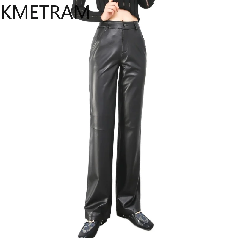 KMETRAM 100% Top Layer of sheepskin Women Pants Autumn 2025 Black Pants Genuine Leather Straight Trousers Woman Clothing штаны