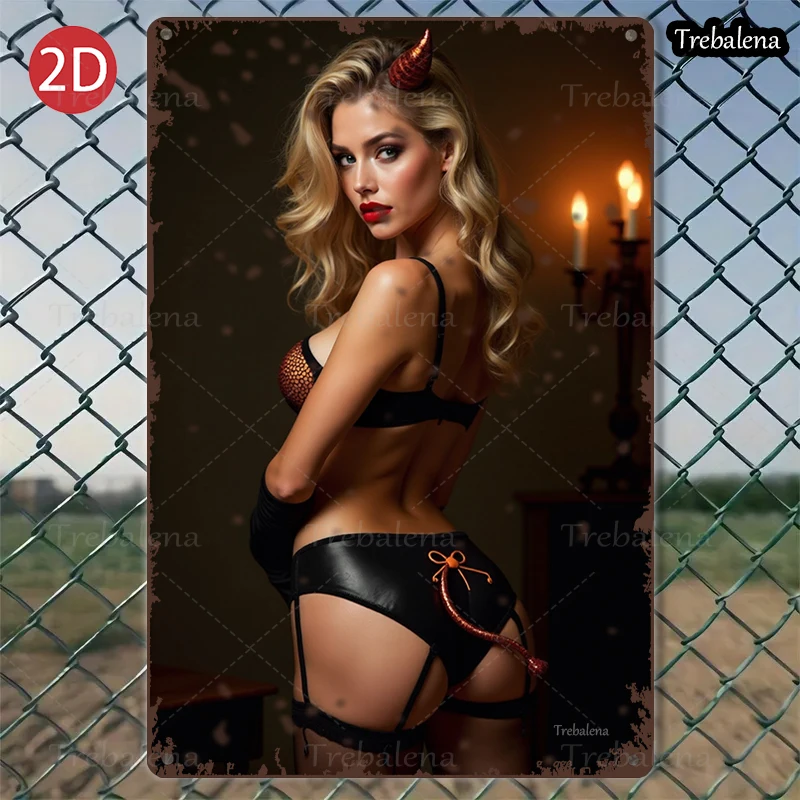 1ชิ้น2Dแบน8*12นิ้วป้ายโลหะเซ็กซี่ปีศาจสไตล์ผู้หญิงงานศิลปะโปสเตอร์วินเทจ