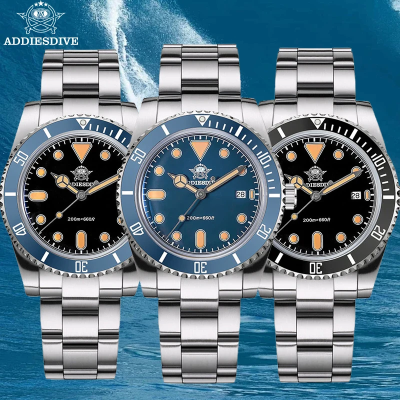 

ADDIESDIVE 39 мм простые мужские кварцевые часы с пузырьковым зеркалом 200 м водонепроницаемые светящиеся часы AD2501 Reloj Hombre из нержавеющей стали