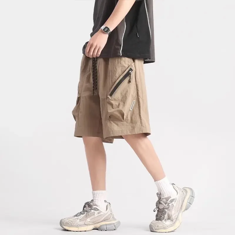 

Широкие длинные мужские шорты-карго с завязками, мужские короткие брюки, свободные мешковатые однотонные бермуды с карманами на молнии, эластичная талия, новинка