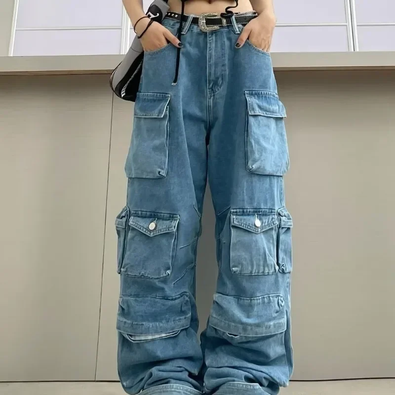 Vintage Cargo Pants Baggy Jeans Womens 90s Y2k Europe and America Fashion 2023 New Hot Girl Multi Pocket Blue Broad Leg Pants