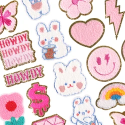 Chenille Patches Anime Iron On For Clothing Butterfly Heart Rainbow Diamond Kids Cute Sew Embroidery Rabbit Smiling Jacket Badge