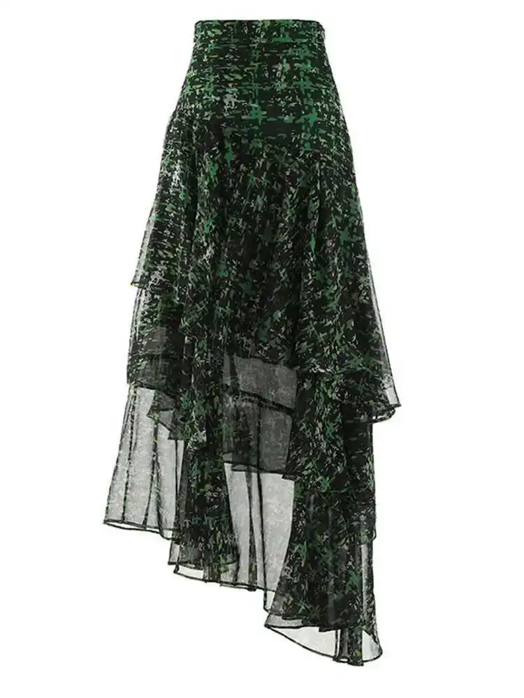 High Waist Green Print Zipper Irregular Mesh Holiday Half-body Skirt Women Fashion Tide New Spring Summer
