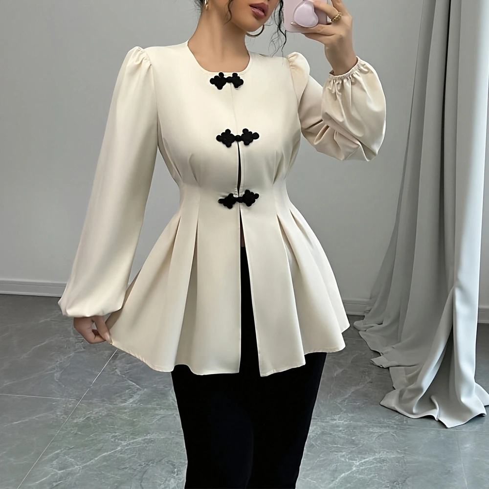 

Женские блузки 2025 г., осенние элегантные однотонные повседневные блузки с длинными рукавами и круглым вырезом, заниженной талией, плиссированные