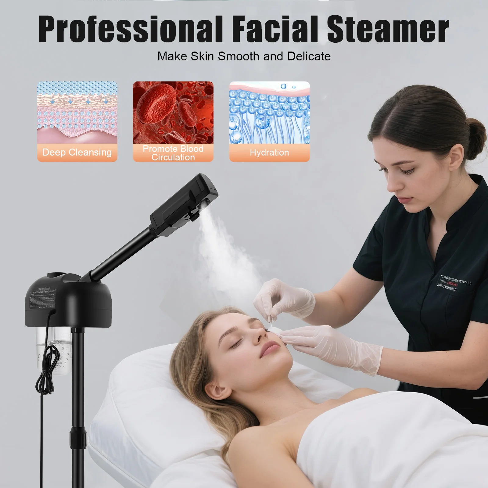 Negro/Blanco, Altura Ajustable de 58-68 cm, 360° °   Vaporizador Facial Giratorio con Tanque de Agua de 600 ml y Tecnología de Calentamiento PTC